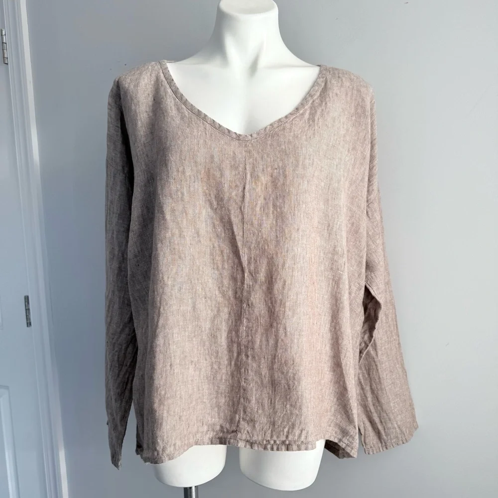 FLAX 100% Linen Oversized V-Neck Tunic Top L Lagenlook Bohemian Long Sleeves - Picture 4 of 14